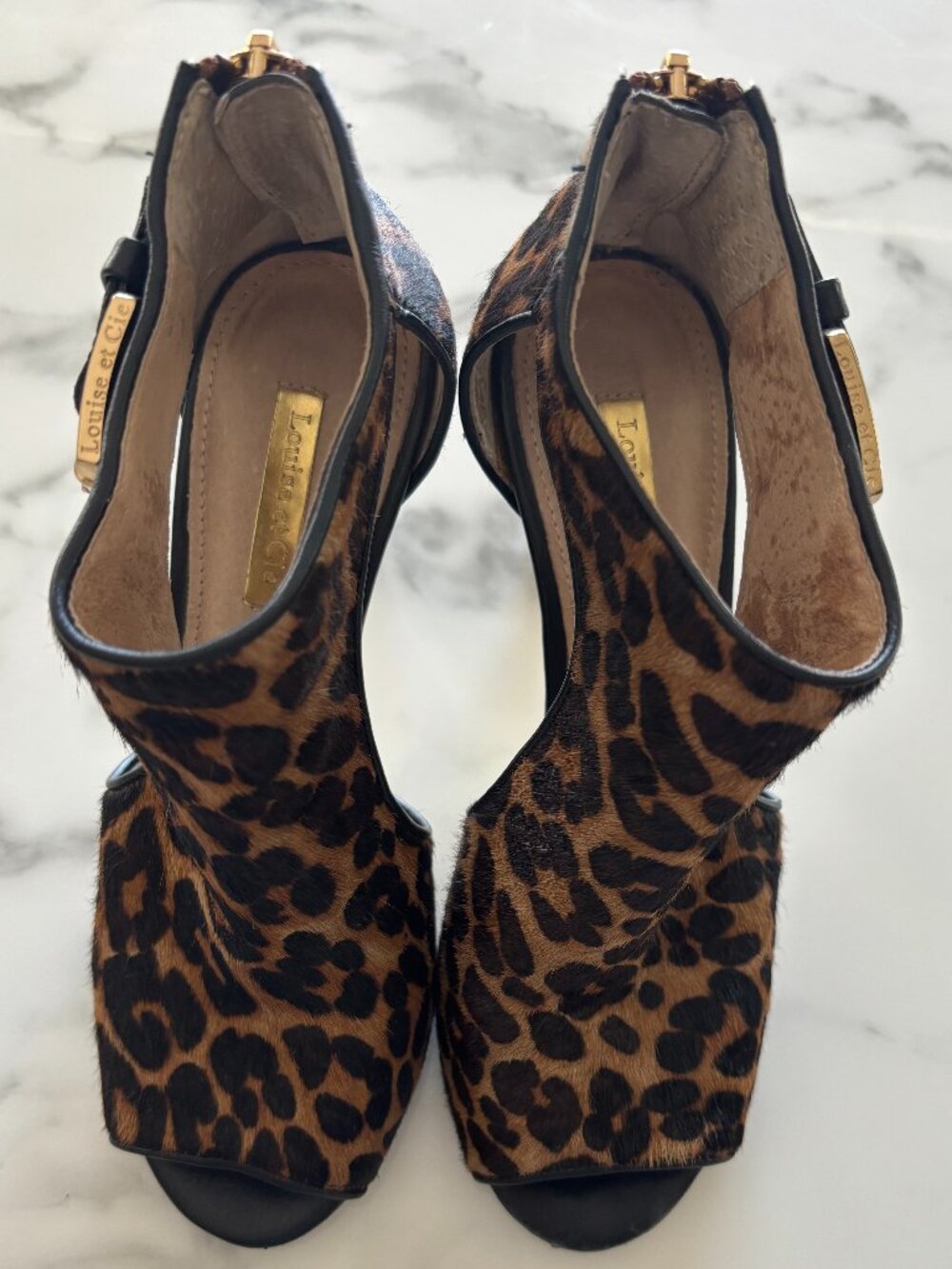 Louise et Cie Leopard Calf Hair Peep Toe Cage Bootie Size 6 Gold Hardware